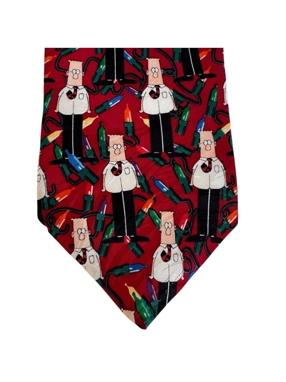Vintage Dilbert Silk Tie Red Christmas Tree Lights Necktie Novelty Holidays USA